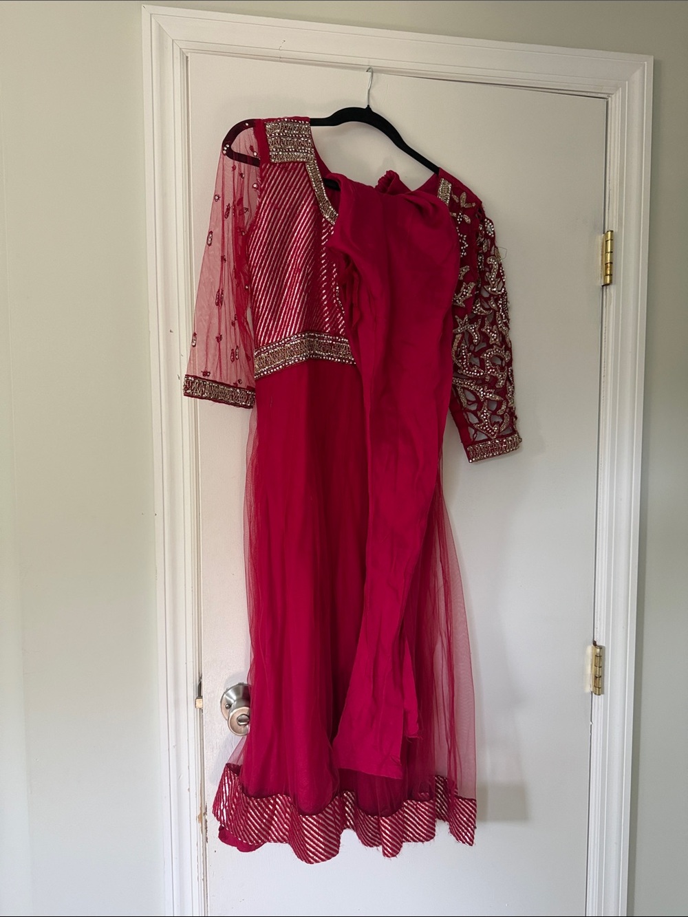 Fuchsia Embroidered Indian suit with Sheer Sleeve